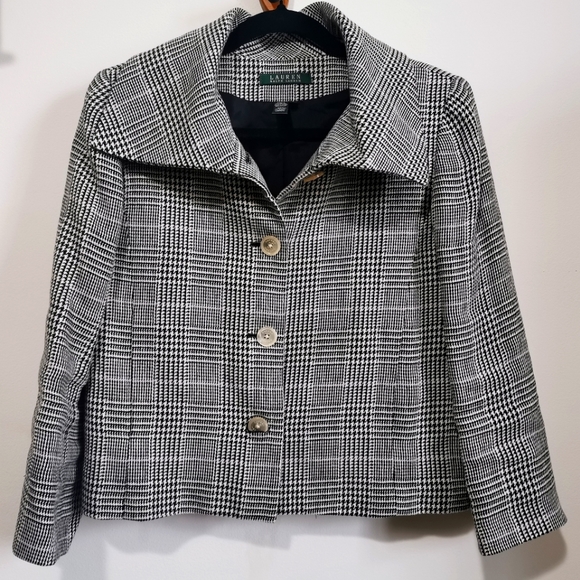 Lauren Ralph Lauren Linen Black, White and Pink Plaid Crop Jacket Size 8 - Picture 1 of 10